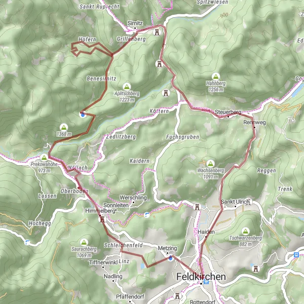 Miniatura della mappa di ispirazione al ciclismo "Avventura Off-Road" nella regione di Kärnten, Austria. Generata da Tarmacs.app, pianificatore di rotte ciclistiche
