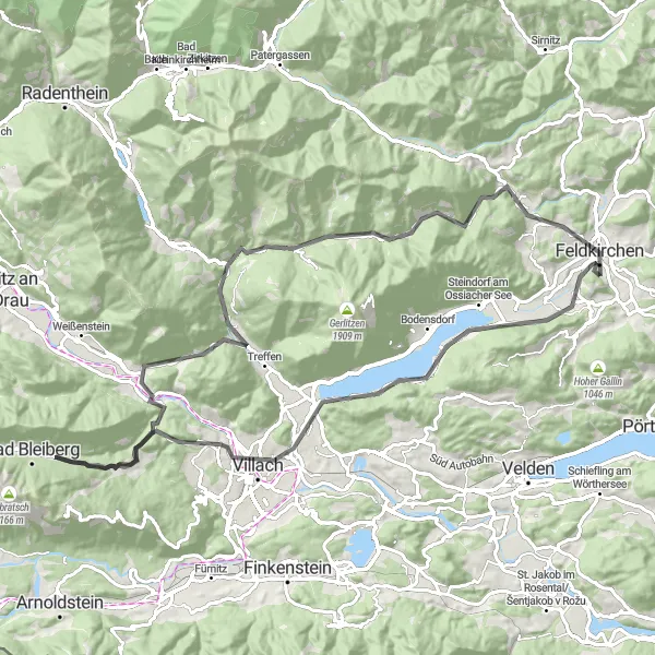 Zemljevid v pomanjšavi "Cestna pustolovščina s športnimi izzivi" kolesarske inspiracije v Kärnten, Austria. Generirano z načrtovalcem kolesarskih poti Tarmacs.app