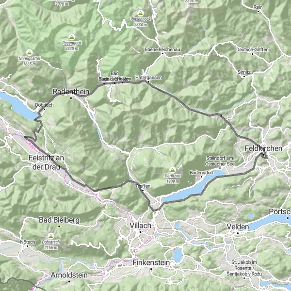 Zemljevid v pomanjšavi "Raznolika cestna avantura" kolesarske inspiracije v Kärnten, Austria. Generirano z načrtovalcem kolesarskih poti Tarmacs.app