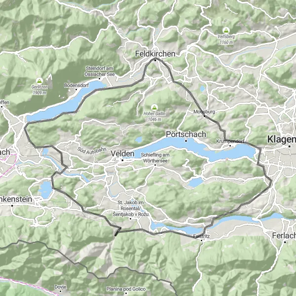 Miniatua del mapa de inspiración ciclista "Ruta de los Lagos y Fortalezas" en Kärnten, Austria. Generado por Tarmacs.app planificador de rutas ciclistas