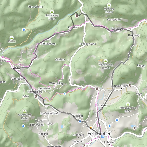 Zemljevid v pomanjšavi "Cikel po Himmelbergu in Steuerbergu" kolesarske inspiracije v Kärnten, Austria. Generirano z načrtovalcem kolesarskih poti Tarmacs.app