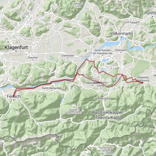 Miniaturní mapa "Gravel Rundkurs Ferlach - Hom" inspirace pro cyklisty v oblasti Kärnten, Austria. Vytvořeno pomocí plánovače tras Tarmacs.app