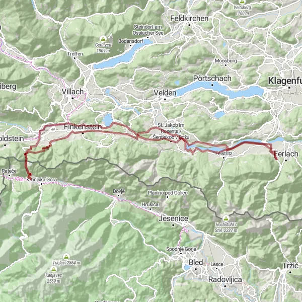 Map miniature of "Gravel Adventure through Ferlach" cycling inspiration in Kärnten, Austria. Generated by Tarmacs.app cycling route planner