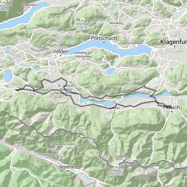 Miniatua del mapa de inspiración ciclista "Ruta de ciclismo por carretera en Ferlach" en Kärnten, Austria. Generado por Tarmacs.app planificador de rutas ciclistas