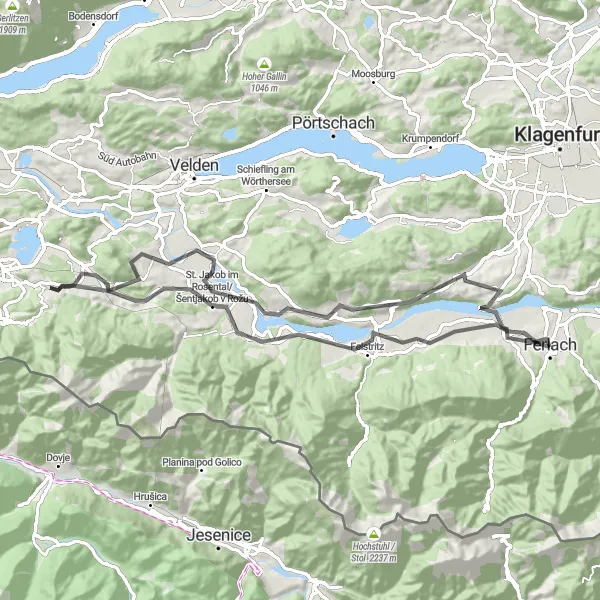 Miniatura della mappa di ispirazione al ciclismo "Ciclabile tra Castelli e Vedute Panoramiche" nella regione di Kärnten, Austria. Generata da Tarmacs.app, pianificatore di rotte ciclistiche