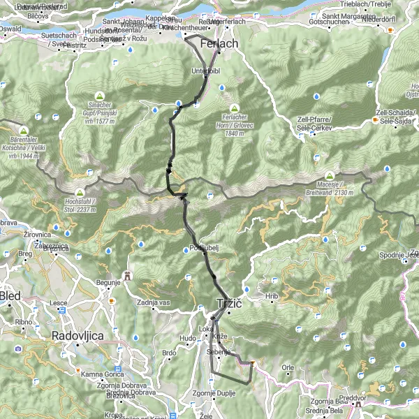 Mapa miniatúra "Jazda cez alpské scenérie" cyklistická inšpirácia v Kärnten, Austria. Vygenerované cyklistickým plánovačom trás Tarmacs.app
