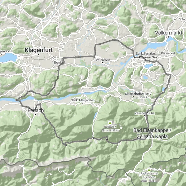 Miniature de la carte de l'inspiration cycliste "Montagnes et Villages Road Cycling Tour" dans la Kärnten, Austria. Générée par le planificateur d'itinéraire cycliste Tarmacs.app