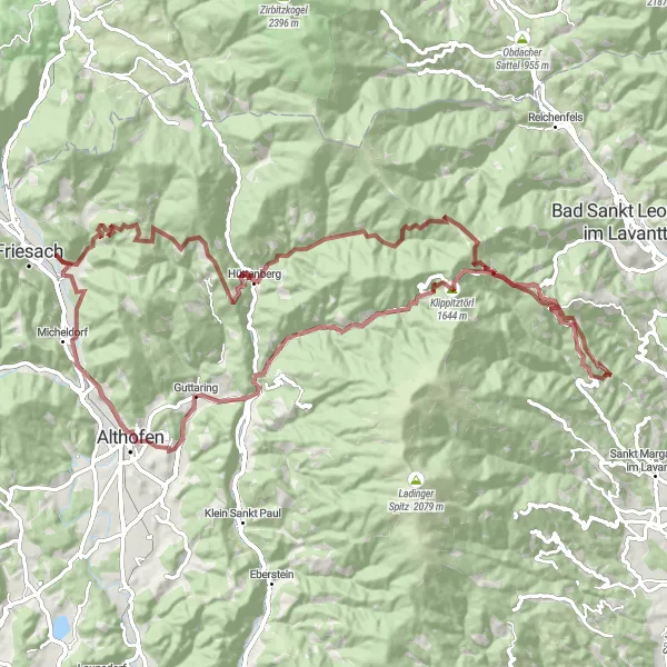 Mapa miniatúra "Prírodne krásy okolo Friesachu" cyklistická inšpirácia v Kärnten, Austria. Vygenerované cyklistickým plánovačom trás Tarmacs.app