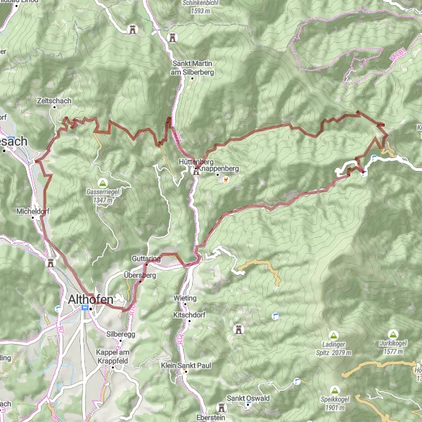 Miniatua del mapa de inspiración ciclista "Ruta de grava hasta Hirt" en Kärnten, Austria. Generado por Tarmacs.app planificador de rutas ciclistas