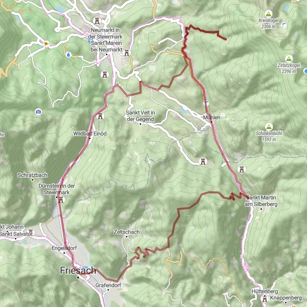 Karten-Miniaturansicht der Radinspiration "Die Gravel-Rundfahrt um Friesach" in Kärnten, Austria. Erstellt vom Tarmacs.app-Routenplaner für Radtouren