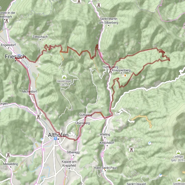 Miniatura della mappa di ispirazione al ciclismo "Gravel Ciclismo intorno a Friesach" nella regione di Kärnten, Austria. Generata da Tarmacs.app, pianificatore di rotte ciclistiche