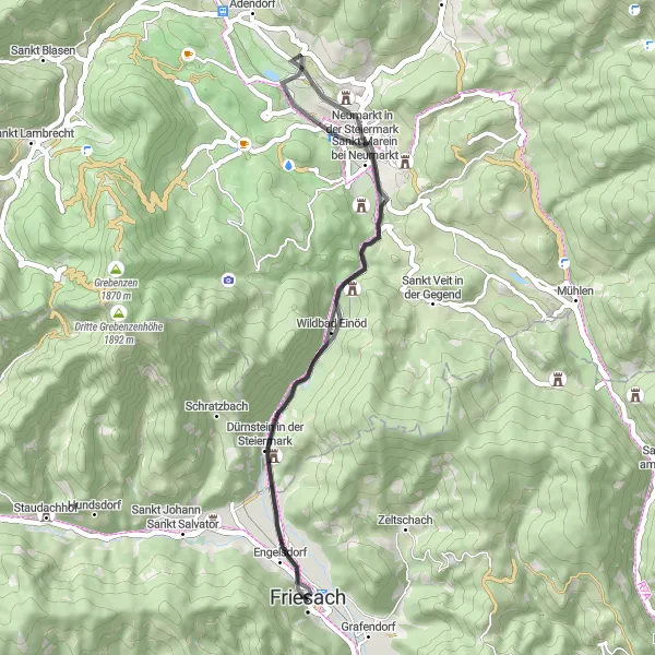 Map miniature of "Friesach to Burg Dürnstein Road Cycling Route" cycling inspiration in Kärnten, Austria. Generated by Tarmacs.app cycling route planner