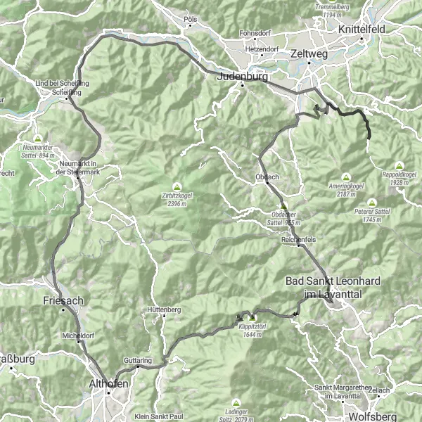 Miniatura della mappa di ispirazione al ciclismo "Avventura ciclistica da Friesach a Obdach" nella regione di Kärnten, Austria. Generata da Tarmacs.app, pianificatore di rotte ciclistiche