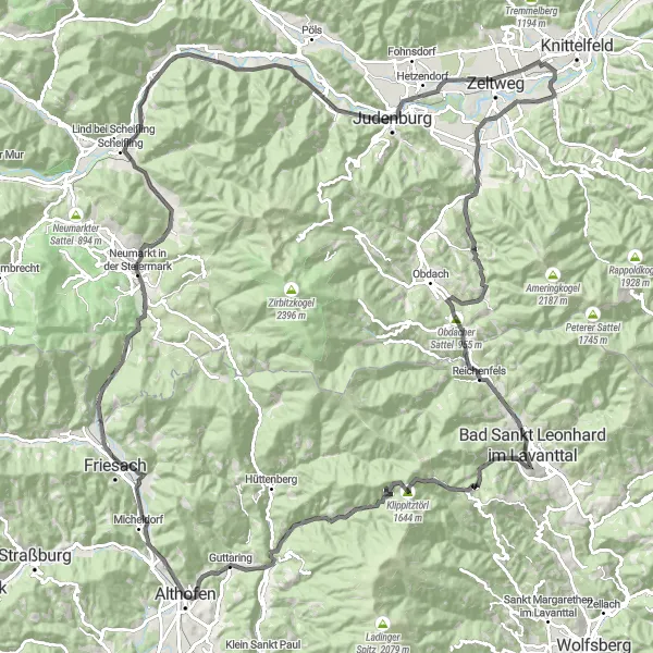 Mapa miniatúra "Historické cyklistické trasy v okolí Friesachu" cyklistická inšpirácia v Kärnten, Austria. Vygenerované cyklistickým plánovačom trás Tarmacs.app