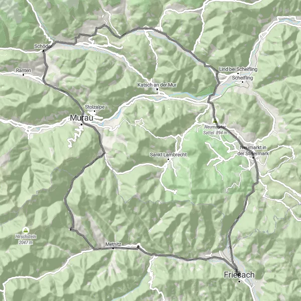 Miniaturní mapa "Road Tour Friesach - Dürnstein in der Steiermark" inspirace pro cyklisty v oblasti Kärnten, Austria. Vytvořeno pomocí plánovače tras Tarmacs.app