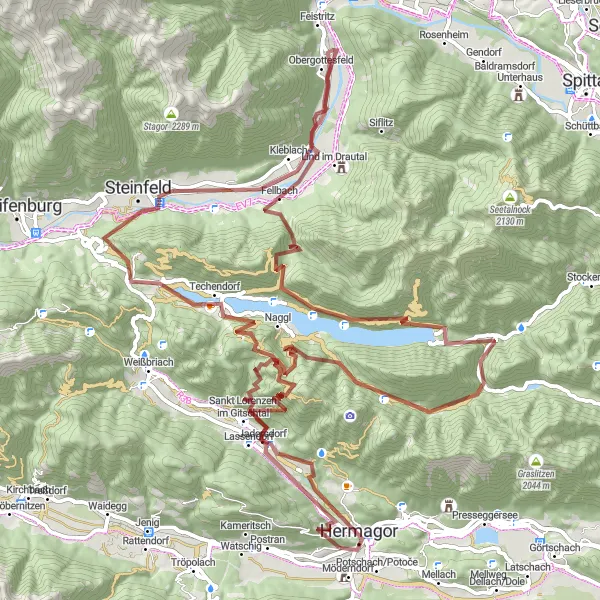 Zemljevid v pomanjšavi "Gorsko kolesarjenje okoli Hermagora 2" kolesarske inspiracije v Kärnten, Austria. Generirano z načrtovalcem kolesarskih poti Tarmacs.app