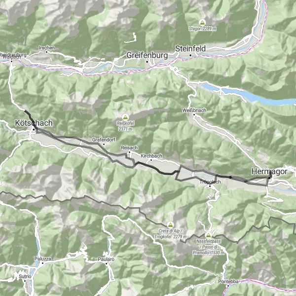 Mapa miniatúra "Okruhová cyklistická trasa Kirchbach-Gail-Tröpolach-Hermagor" cyklistická inšpirácia v Kärnten, Austria. Vygenerované cyklistickým plánovačom trás Tarmacs.app