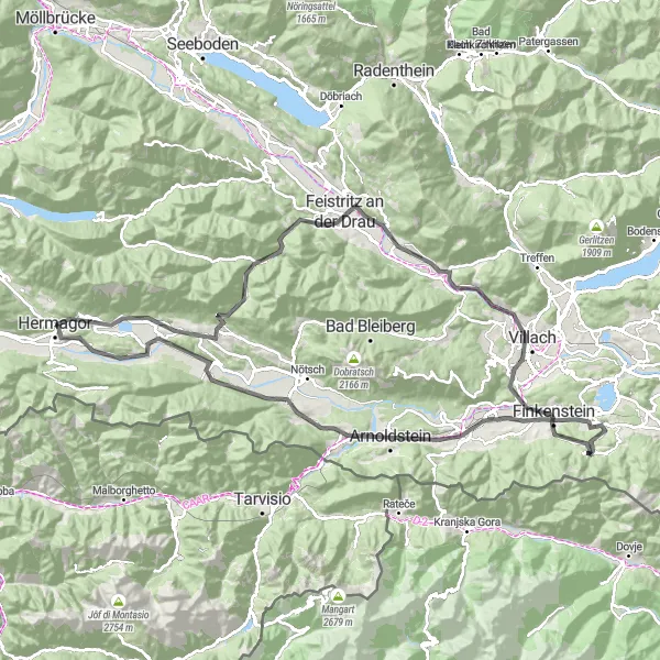 Zemljevid v pomanjšavi "Pot do Hermagorja in nazaj" kolesarske inspiracije v Kärnten, Austria. Generirano z načrtovalcem kolesarskih poti Tarmacs.app