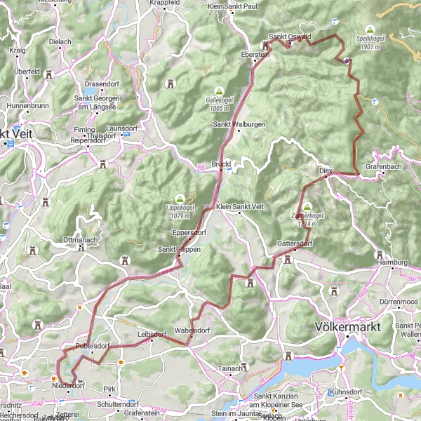 Miniatura della mappa di ispirazione al ciclismo "Avventura ciclistica su ghiaia intorno a Hörtendorf" nella regione di Kärnten, Austria. Generata da Tarmacs.app, pianificatore di rotte ciclistiche