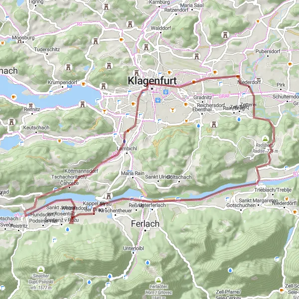 Miniatura della mappa di ispirazione al ciclismo "Esplorazione in bicicletta di Klagenfurt" nella regione di Kärnten, Austria. Generata da Tarmacs.app, pianificatore di rotte ciclistiche