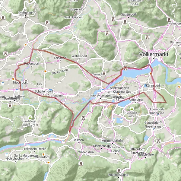 Zemljevid v pomanjšavi "Scenic gravel tour through Kärnten countryside" kolesarske inspiracije v Kärnten, Austria. Generirano z načrtovalcem kolesarskih poti Tarmacs.app