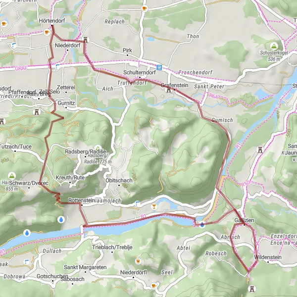Karttaminiaatyyri "Hörtendorf - Grafenstein Cycling Loop" pyöräilyinspiraatiosta alueella Kärnten, Austria. Luotu Tarmacs.app pyöräilyreittisuunnittelijalla