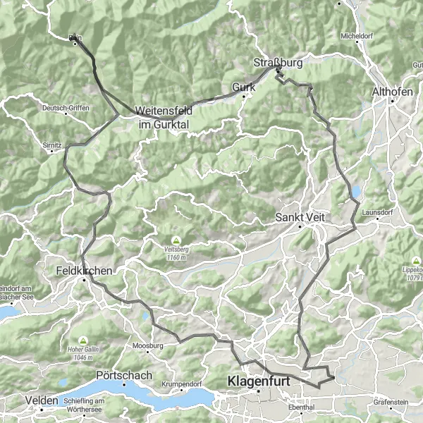 Mapa miniatúra "Okružná cyklotrasa cez Feldkirchen a Sankt Georgen am Längsee" cyklistická inšpirácia v Kärnten, Austria. Vygenerované cyklistickým plánovačom trás Tarmacs.app