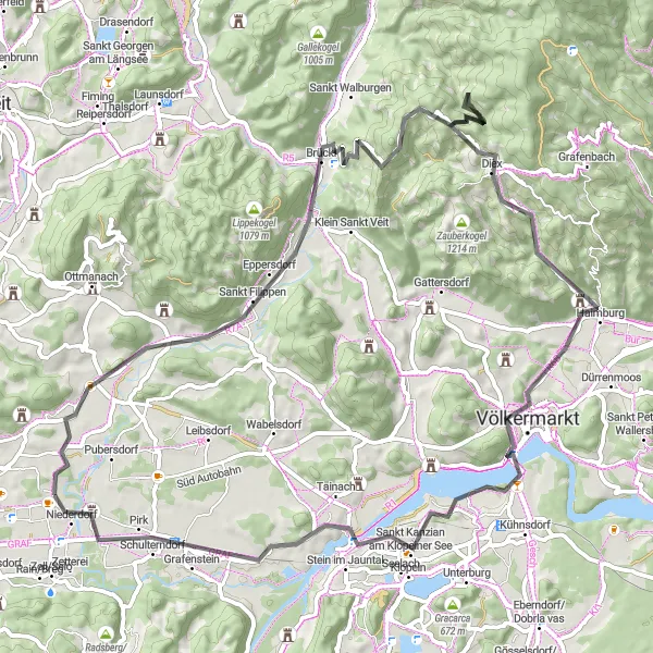 Zemljevid v pomanjšavi "Kolesarska tura po cesti blizu Hörtendorfa" kolesarske inspiracije v Kärnten, Austria. Generirano z načrtovalcem kolesarskih poti Tarmacs.app