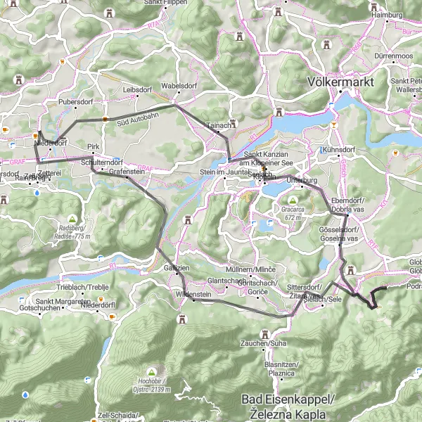 Miniatura della mappa di ispirazione al ciclismo "Giro in bicicletta su strada intorno a Hörtendorf" nella regione di Kärnten, Austria. Generata da Tarmacs.app, pianificatore di rotte ciclistiche