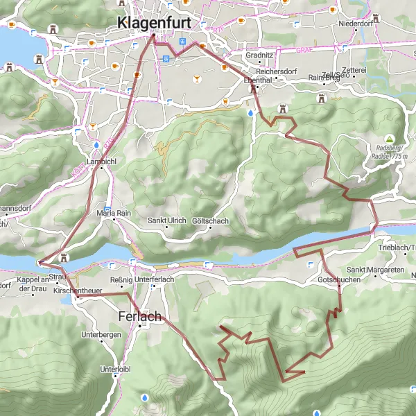 Map miniature of "Gravel Adventure: Klagenfurt to Ferlach" cycling inspiration in Kärnten, Austria. Generated by Tarmacs.app cycling route planner