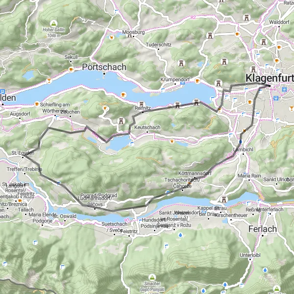 Miniaturní mapa "Road Kolem Wörthersee" inspirace pro cyklisty v oblasti Kärnten, Austria. Vytvořeno pomocí plánovače tras Tarmacs.app