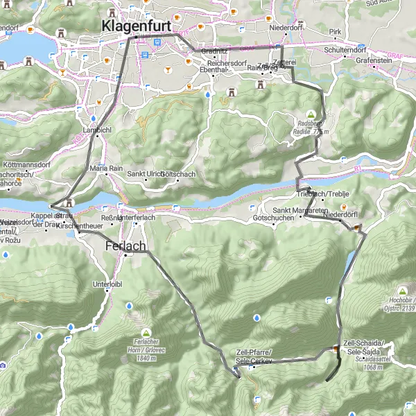 Karttaminiaatyyri "Wörthersee ja Klagenfurter Landin maantierit" pyöräilyinspiraatiosta alueella Kärnten, Austria. Luotu Tarmacs.app pyöräilyreittisuunnittelijalla