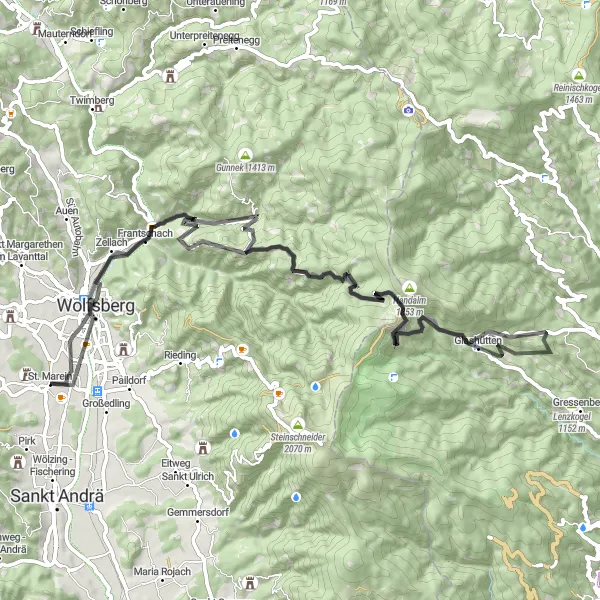 Mapa miniatúra "Road trasa cez St. Marein, Frantschach a Wolfsberg" cyklistická inšpirácia v Kärnten, Austria. Vygenerované cyklistickým plánovačom trás Tarmacs.app