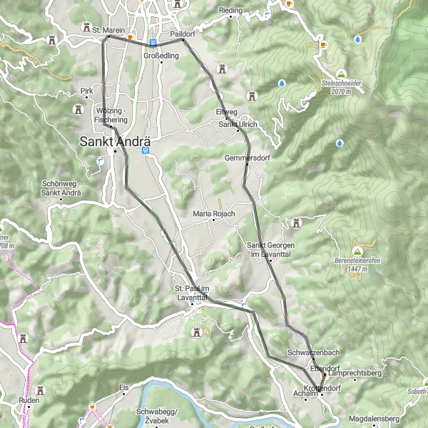 Zemljevid v pomanjšavi "Reideben to Lubitschkogel Loop" kolesarske inspiracije v Kärnten, Austria. Generirano z načrtovalcem kolesarskih poti Tarmacs.app