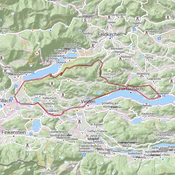 Miniatuurkaart van de fietsinspiratie "Gravelroute door Kärnten meren en kastelen" in Kärnten, Austria. Gemaakt door de Tarmacs.app fietsrouteplanner