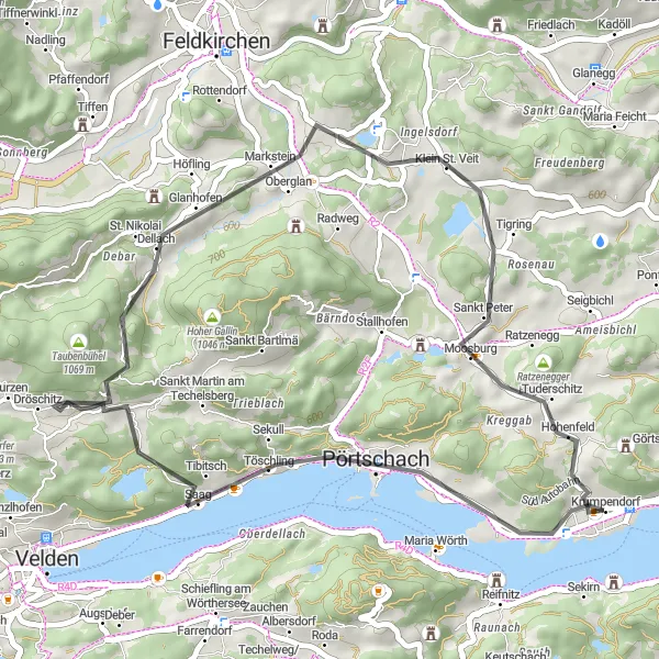 Miniature de la carte de l'inspiration cycliste "Les châteaux de Carinthie" dans la Kärnten, Austria. Générée par le planificateur d'itinéraire cycliste Tarmacs.app