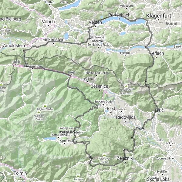 Karttaminiaatyyri "Karnikan ylitys" pyöräilyinspiraatiosta alueella Kärnten, Austria. Luotu Tarmacs.app pyöräilyreittisuunnittelijalla