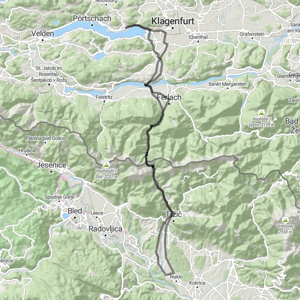 Map miniature of "Southern Lakes Loop" cycling inspiration in Kärnten, Austria. Generated by Tarmacs.app cycling route planner