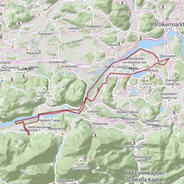 Miniaturní mapa "Gravelový výlet do přírody" inspirace pro cyklisty v oblasti Kärnten, Austria. Vytvořeno pomocí plánovače tras Tarmacs.app
