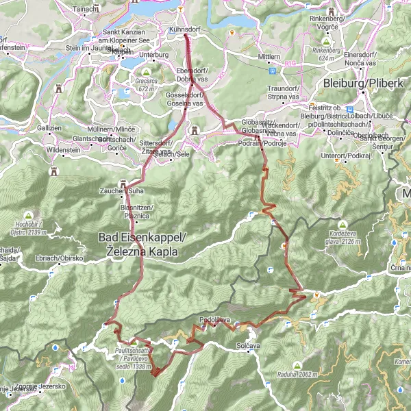 Miniaturní mapa "Gravelový výlet do hor" inspirace pro cyklisty v oblasti Kärnten, Austria. Vytvořeno pomocí plánovače tras Tarmacs.app