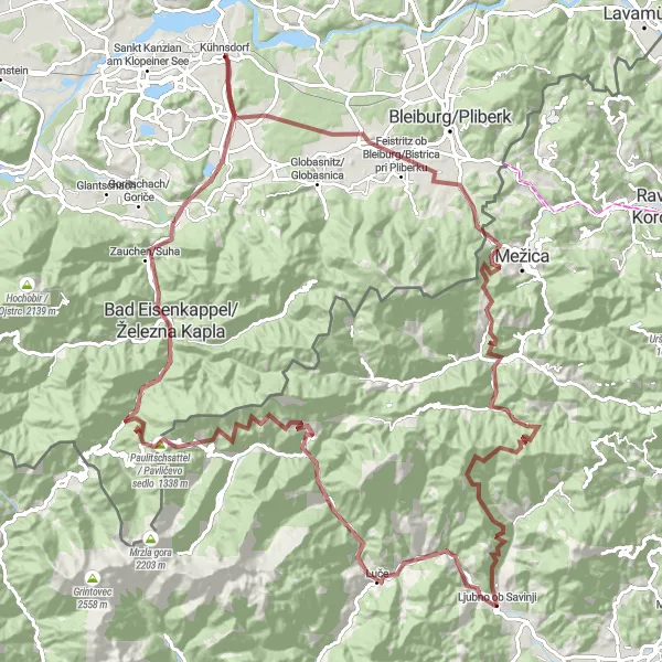 Miniatua del mapa de inspiración ciclista "Ruta de ciclismo de grava cerca de Kühnsdorf" en Kärnten, Austria. Generado por Tarmacs.app planificador de rutas ciclistas