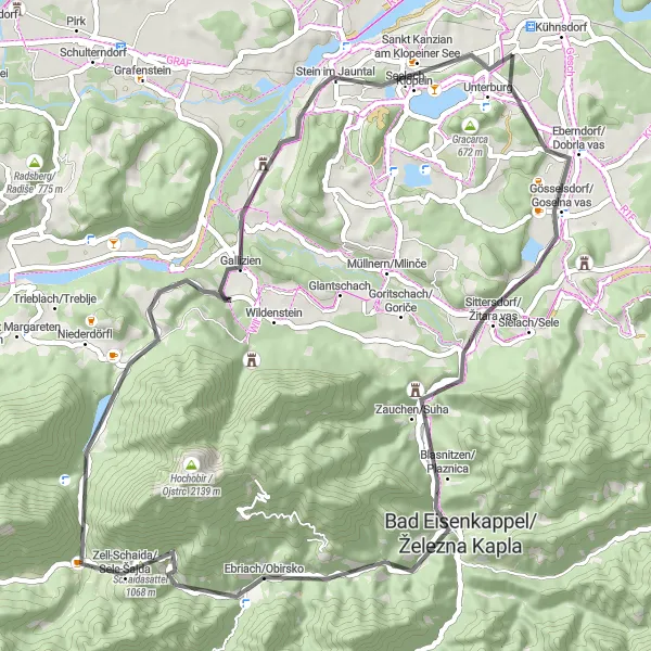 Miniatura della mappa di ispirazione al ciclismo "Giro in bicicletta da Kühnsdorf a Sankt Kanzian am Klopeiner See" nella regione di Kärnten, Austria. Generata da Tarmacs.app, pianificatore di rotte ciclistiche