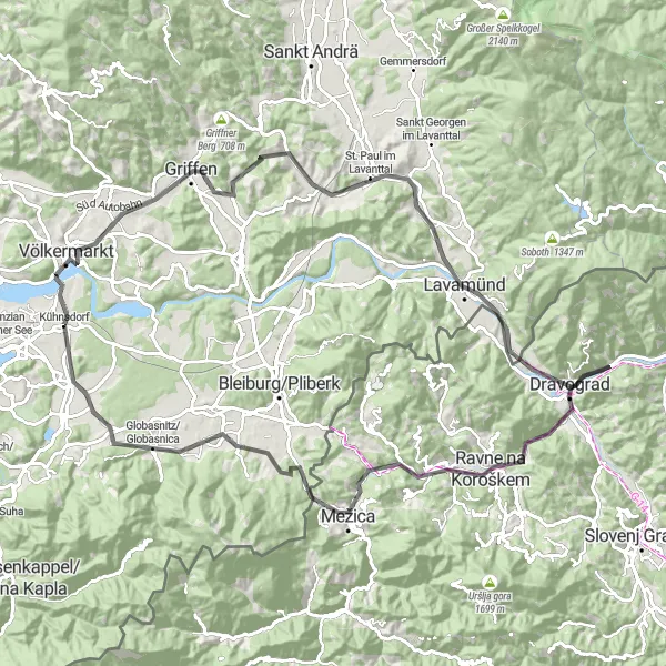 Mapa miniatúra "Od Lilienberg do Hemmaberg / Junska gora" cyklistická inšpirácia v Kärnten, Austria. Vygenerované cyklistickým plánovačom trás Tarmacs.app