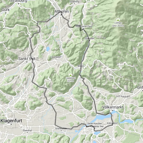 Miniatura della mappa di ispirazione al ciclismo "Tour delle Cascate e dei Castelli" nella regione di Kärnten, Austria. Generata da Tarmacs.app, pianificatore di rotte ciclistiche