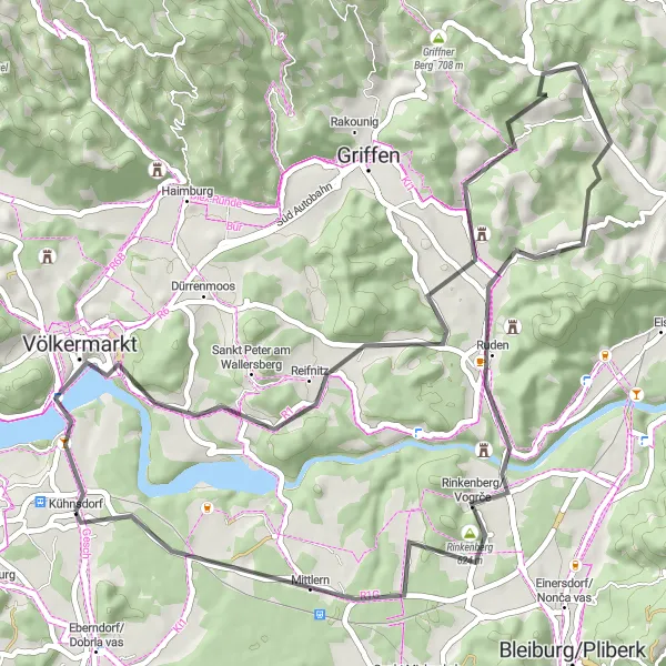 Mapa miniatúra "Do Völkermarkt cez Lisnaberg" cyklistická inšpirácia v Kärnten, Austria. Vygenerované cyklistickým plánovačom trás Tarmacs.app