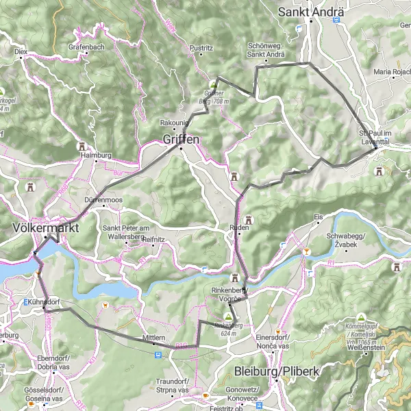 Miniaturní mapa "Kühnsdorf - Lilienberg - Völkermarkt - Griffen Loop" inspirace pro cyklisty v oblasti Kärnten, Austria. Vytvořeno pomocí plánovače tras Tarmacs.app