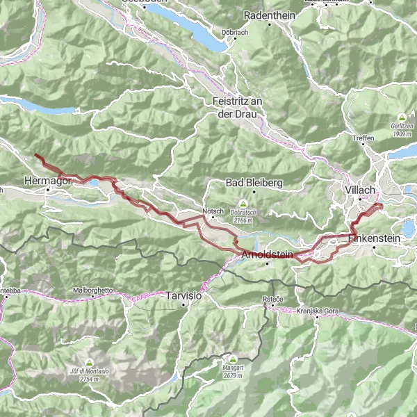 Zemljevid v pomanjšavi "Burgruine Federaun - Kleinsattel Gravel Route" kolesarske inspiracije v Kärnten, Austria. Generirano z načrtovalcem kolesarskih poti Tarmacs.app