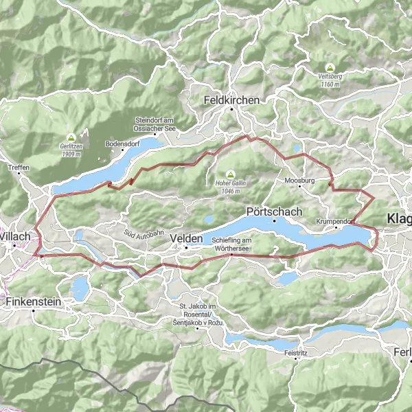 Miniatura della mappa di ispirazione al ciclismo "Ciclovia Gravel intorno a Landskron" nella regione di Kärnten, Austria. Generata da Tarmacs.app, pianificatore di rotte ciclistiche