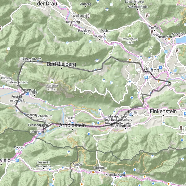 Miniatura della mappa di ispirazione al ciclismo "Giro in bicicletta Graschelitzen - Villach" nella regione di Kärnten, Austria. Generata da Tarmacs.app, pianificatore di rotte ciclistiche