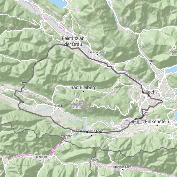 Zemljevid v pomanjšavi "Ruralni čar vasi Kreuzen" kolesarske inspiracije v Kärnten, Austria. Generirano z načrtovalcem kolesarskih poti Tarmacs.app